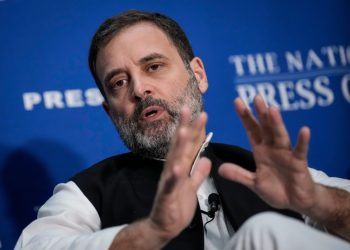 WASHINGTON, DC - JUNE 1: Indian opposition leader Rahul Gandhi speaks at the National Press Club on June 1, 2023 in Washington, DC.  Gandhi is on weeklong trip to the United States. His remarks included his thoughts about the future of Indian democracy, freedom of speech and inclusive economic growth. (Photo by Drew Angerer/Getty Images)