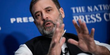 WASHINGTON, DC - JUNE 1: Indian opposition leader Rahul Gandhi speaks at the National Press Club on June 1, 2023 in Washington, DC. Gandhi is on weeklong trip to the United States. His remarks included his thoughts about the future of Indian democracy, freedom of speech and inclusive economic growth. (Photo by Drew Angerer/Getty Images)