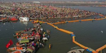A drone shot of Largest congregation of people in Allahabad during Kumbh 2019.
