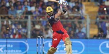 Virat Kohli of Royal Challengers Bengaluru plays a shot during Match 20 of the TATA Indian Premier League 2026 between Mumbai Indians and Royal Challengers Bengaluru at Wankhede Stadium, Mumbai, India, on April 12, 2026.
Photo by Sumeet Parmar / CREIMAS for IPL