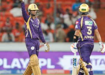 Angkrish Raghuvanshi of Kolkata Knight Riders celebrates after scoring a fifty during Match 45 of the TATA Indian Premier League 2026 between Sunrisers Hyderabad and Kolkata Knight Riders at Rajiv Gandhi International Stadium, Hyderabad, India, on May 3, 2026.
Photo by Deepak Malik / CREIMAS for IPL