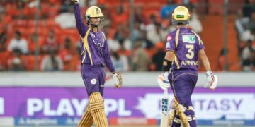 Angkrish Raghuvanshi of Kolkata Knight Riders celebrates after scoring a fifty during Match 45 of the TATA Indian Premier League 2026 between Sunrisers Hyderabad and Kolkata Knight Riders at Rajiv Gandhi International Stadium, Hyderabad, India, on May 3, 2026.
Photo by Deepak Malik / CREIMAS for IPL