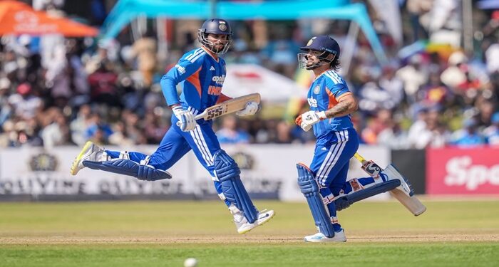 Ishan Kishan (WK) of India and Tilak Varma (VC) of India running between the wickets during the 2ND T20 International match between Zimbabwe and India at the Harare Sports Club, Harare, Zimbabwe on July 25, 2026.

Photo: Faheem Hussain / CREIMAS for BCCI